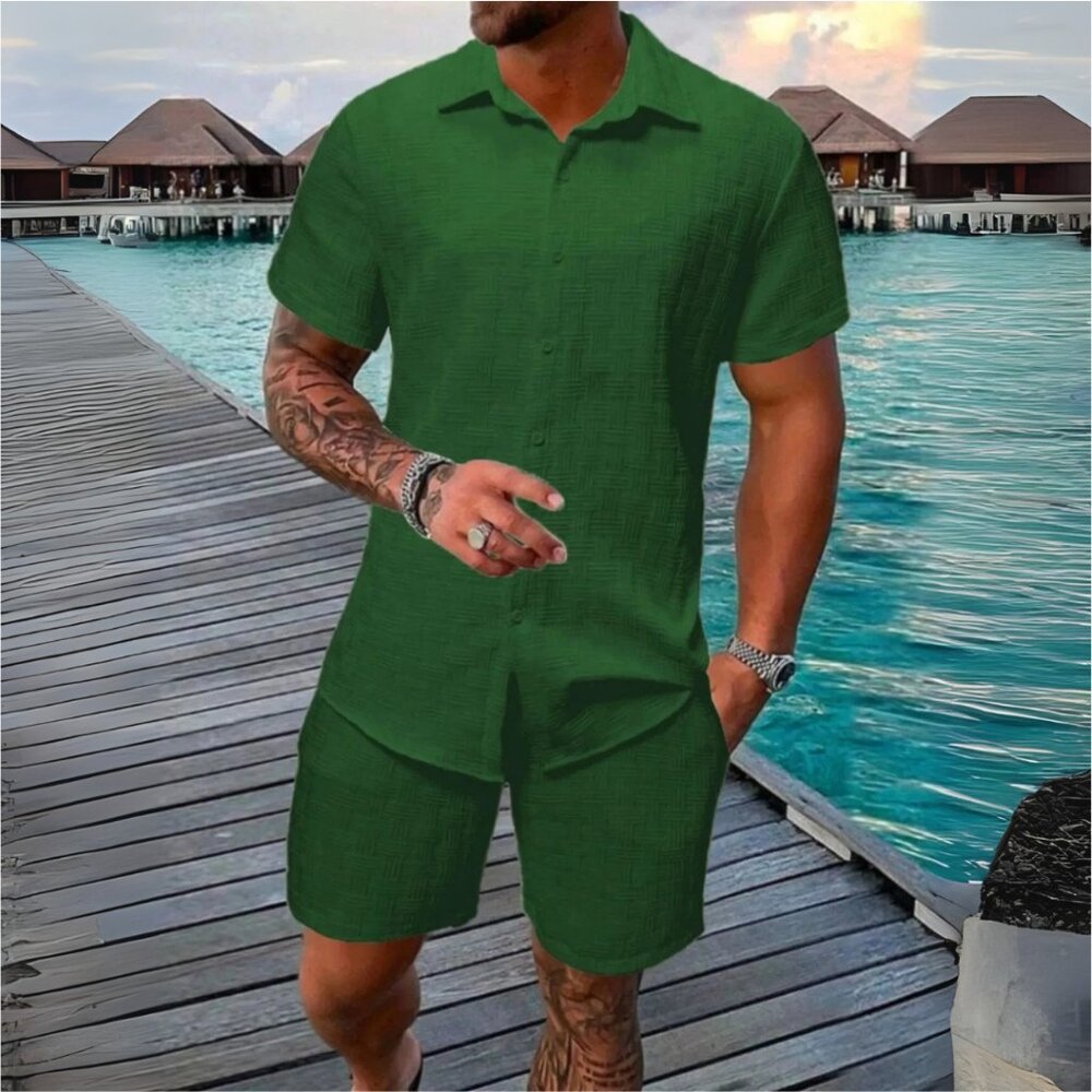 Men's Dark Green Collared Neck Short Sleeve Top & Shorts Resort Outfit